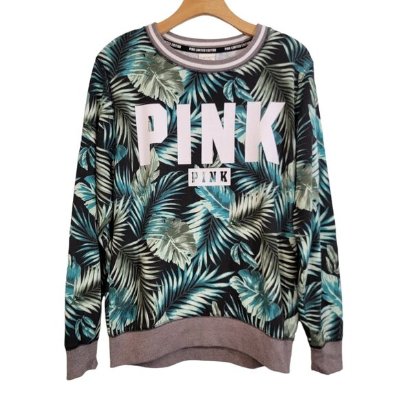 PINK Limited Edition Sweatshirt Tropical Floral Leaf Pattern Crewneck Sz XS - Picture 1 of 8